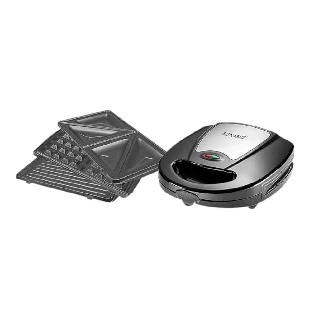 Sonashi 3-in-1 Multi Snack Maker SSM-861 – Sandwich, Waffle & Grill Plates with Non-Stick Coating, Cool-Touch Handle & Overheat Protection | 760W Stainless Steel Electric Snack Maker - Damoo