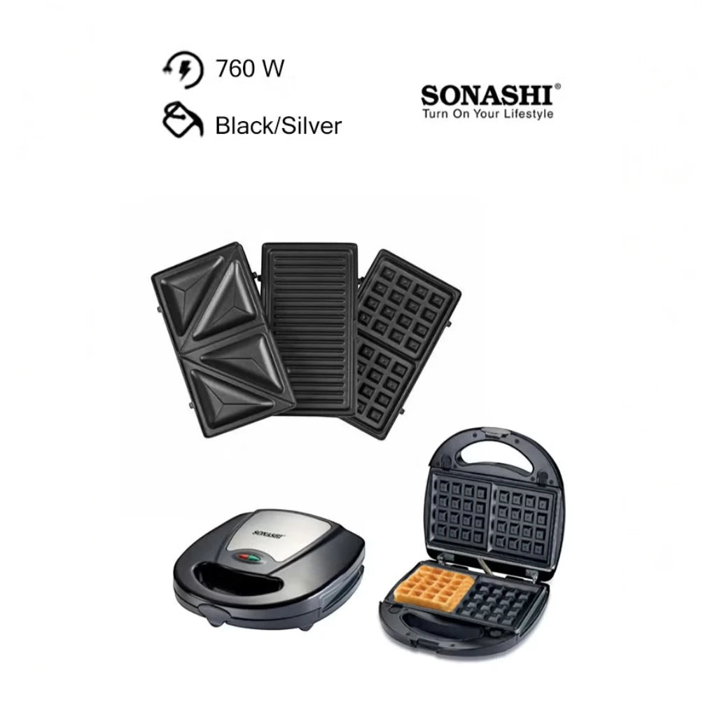 Sonashi 3-in-1 Multi Snack Maker SSM-861 – Sandwich, Waffle & Grill Plates with Non-Stick Coating, Cool-Touch Handle & Overheat Protection | 760W Stainless Steel Electric Snack Maker - Damoo