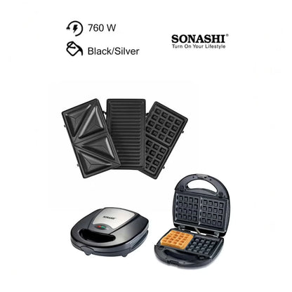 Sonashi 3-in-1 Multi Snack Maker SSM-861 – Sandwich, Waffle & Grill Plates with Non-Stick Coating, Cool-Touch Handle & Overheat Protection | 760W Stainless Steel Electric Snack Maker - Damoo