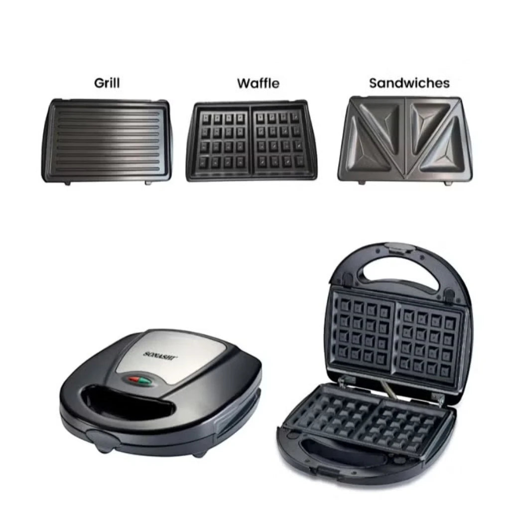 Sonashi 3-in-1 Multi Snack Maker SSM-861 – Sandwich, Waffle & Grill Plates with Non-Stick Coating, Cool-Touch Handle & Overheat Protection | 760W Stainless Steel Electric Snack Maker - Damoo
