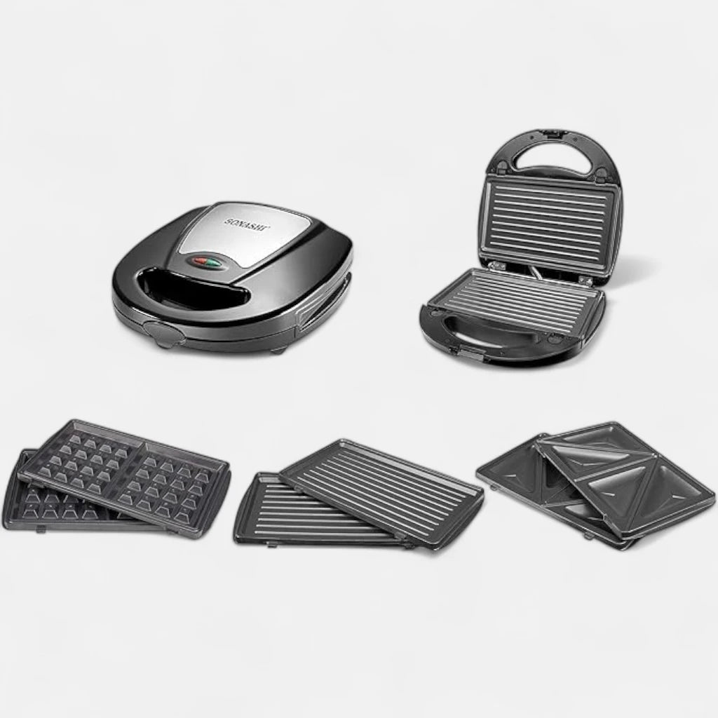 Sonashi 3-in-1 Multi Snack Maker SSM-861 – Sandwich, Waffle & Grill Plates with Non-Stick Coating, Cool-Touch Handle & Overheat Protection | 760W Stainless Steel Electric Snack Maker - Damoo
