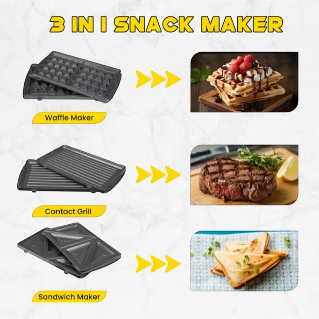 Sonashi 3-in-1 Multi Snack Maker SSM-861 – Sandwich, Waffle & Grill Plates with Non-Stick Coating, Cool-Touch Handle & Overheat Protection | 760W Stainless Steel Electric Snack Maker - Damoo