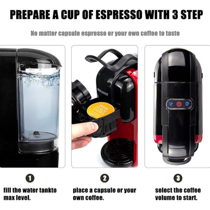 Sonashi 3 in 1 Multifunction Espresso Coffee Machine – 1450W, 600ML Water Tank, Auto Shut-Off – Compatible with Nespresso, Dolce Gusto & Coffee Powder – Red - Damoo