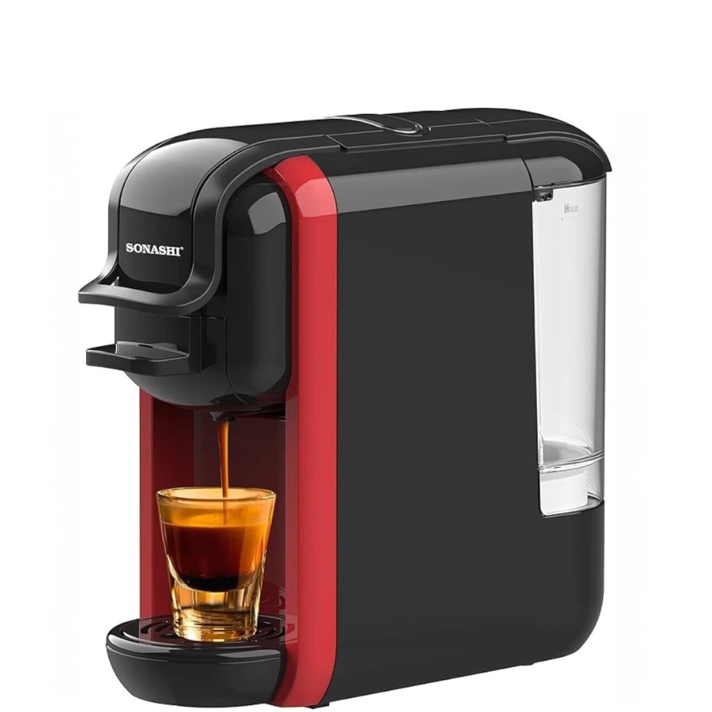 Sonashi 3 in 1 Multifunction Espresso Coffee Machine – 1450W, 600ML Water Tank, Auto Shut-Off – Compatible with Nespresso, Dolce Gusto & Coffee Powder – Red - Damoo