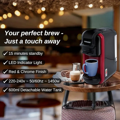 Sonashi 3 in 1 Multifunction Espresso Coffee Machine – 1450W, 600ML Water Tank, Auto Shut-Off – Compatible with Nespresso, Dolce Gusto & Coffee Powder – Red - Damoo