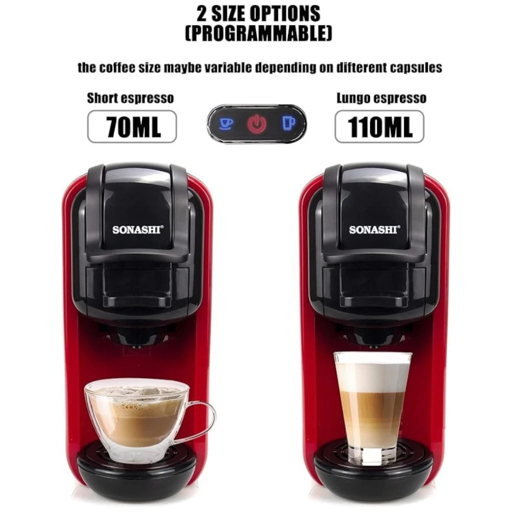 Sonashi 3 in 1 Multifunction Espresso Coffee Machine – 1450W, 600ML Water Tank, Auto Shut-Off – Compatible with Nespresso, Dolce Gusto & Coffee Powder – Red - Damoo