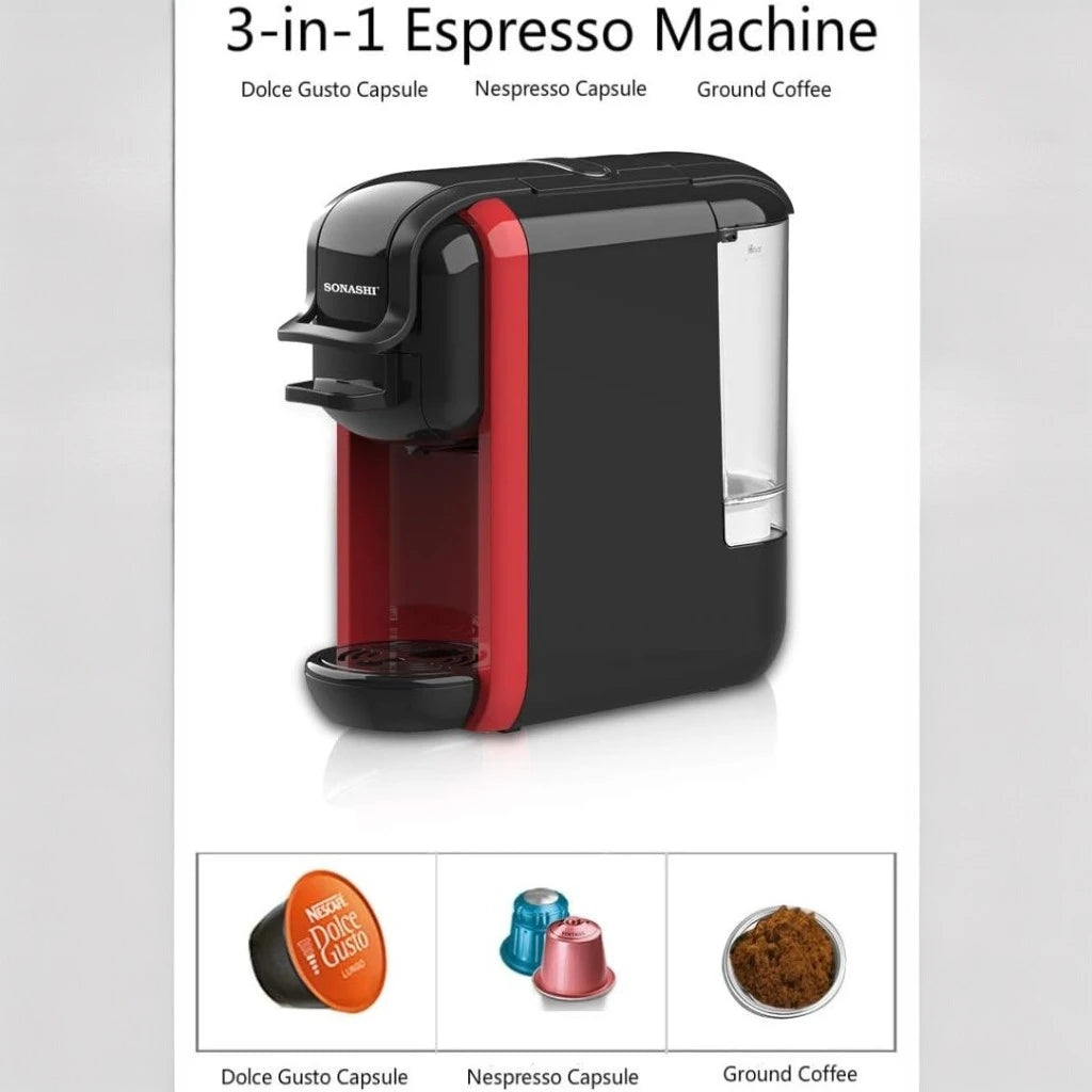 Sonashi 3 in 1 Multifunction Espresso Coffee Machine – 1450W, 600ML Water Tank, Auto Shut-Off – Compatible with Nespresso, Dolce Gusto & Coffee Powder – Red - Damoo