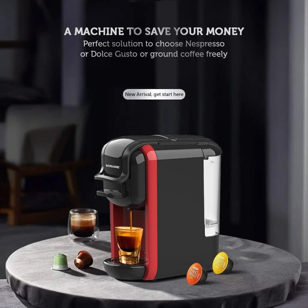 Sonashi 3 in 1 Multifunction Espresso Coffee Machine – 1450W, 600ML Water Tank, Auto Shut-Off – Compatible with Nespresso, Dolce Gusto & Coffee Powder – Red - Damoo