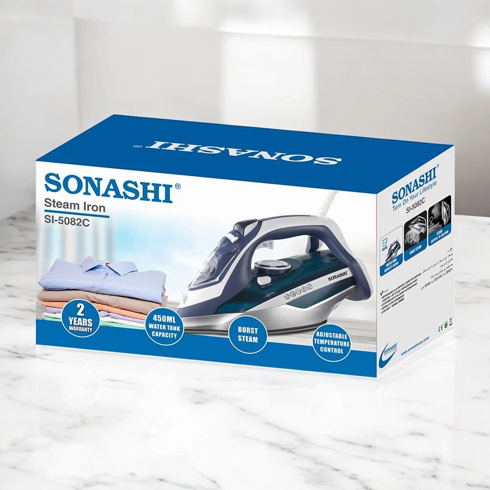 Sonashi 3000W Multifunctional Steam Iron SI-5082C – Ceramic Soleplate, Steam/Burst/Spray/Dry Functions, 450ml Tank, Overheat Protection & Self-Cleaning | Blue & White - Damoo
