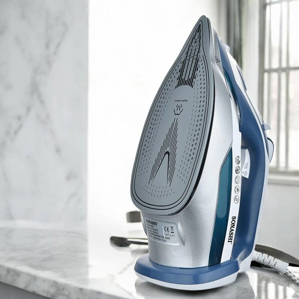 Sonashi 3000W Multifunctional Steam Iron SI-5082C – Ceramic Soleplate, Steam/Burst/Spray/Dry Functions, 450ml Tank, Overheat Protection & Self-Cleaning | Blue & White - Damoo