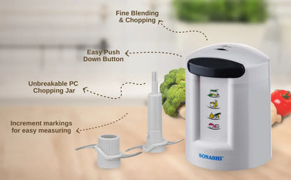 Sonashi 300W Electric Food Chopper SMC-22 – 2-Speed Pushdown Operation, Double Stainless Steel Blades, 500ml Capacity, Copper Motor | Vegetable, Meat & Salad Chopper | White/Grey - Damoo