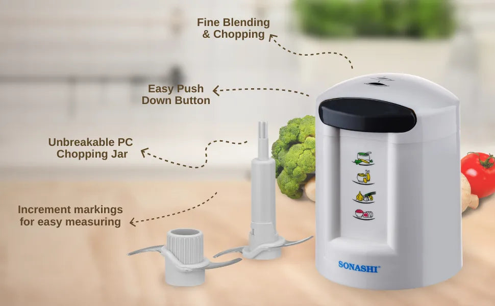 Sonashi 300W Electric Food Chopper SMC-22 – 2-Speed Pushdown Operation, Double Stainless Steel Blades, 500ml Capacity, Copper Motor | Vegetable, Meat & Salad Chopper | White/Grey - Damoo