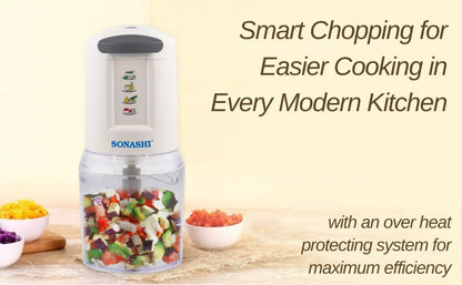 Sonashi 300W Electric Food Chopper SMC-22 – 2-Speed Pushdown Operation, Double Stainless Steel Blades, 500ml Capacity, Copper Motor | Vegetable, Meat & Salad Chopper | White/Grey - Damoo