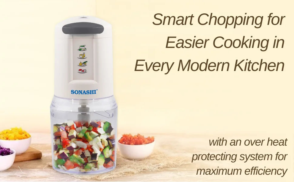 Sonashi 300W Electric Food Chopper SMC-22 – 2-Speed Pushdown Operation, Double Stainless Steel Blades, 500ml Capacity, Copper Motor | Vegetable, Meat & Salad Chopper | White/Grey - Damoo