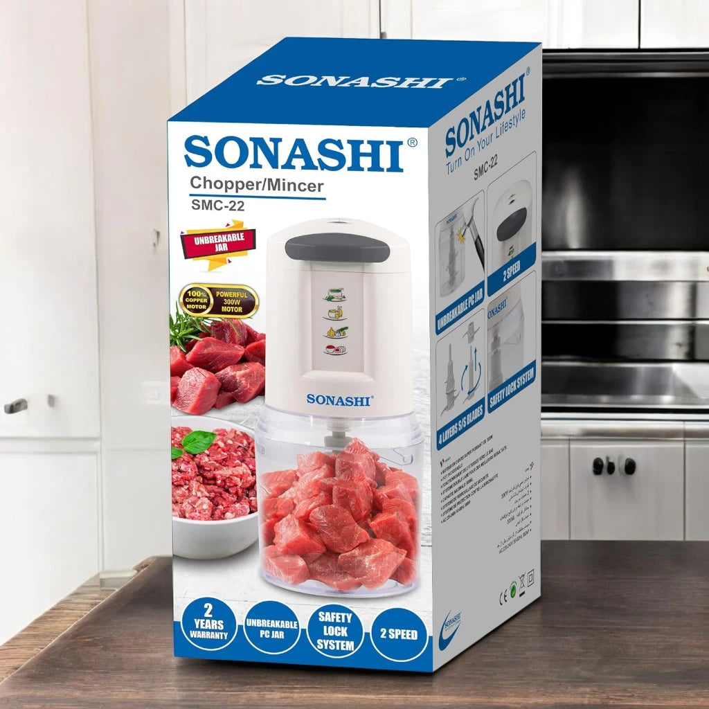 Sonashi 300W Electric Food Chopper SMC-22 – 2-Speed Pushdown Operation, Double Stainless Steel Blades, 500ml Capacity, Copper Motor | Vegetable, Meat & Salad Chopper | White/Grey - Damoo