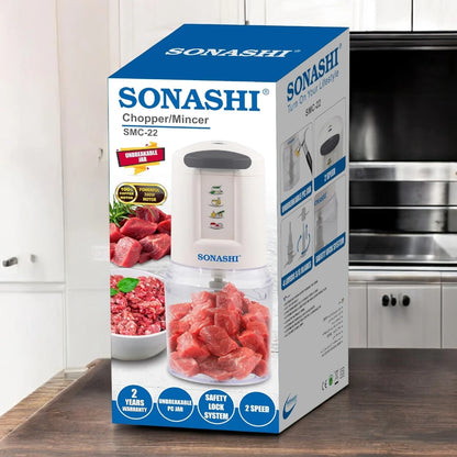 Sonashi 300W Electric Food Chopper SMC-22 – 2-Speed Pushdown Operation, Double Stainless Steel Blades, 500ml Capacity, Copper Motor | Vegetable, Meat & Salad Chopper | White/Grey - Damoo