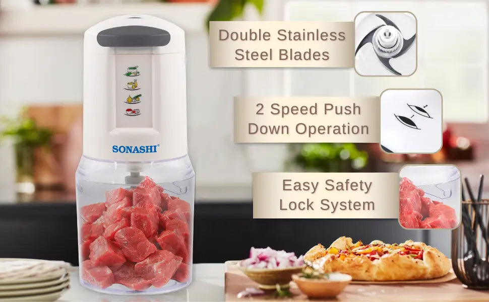 Sonashi 300W Electric Food Chopper SMC-22 – 2-Speed Pushdown Operation, Double Stainless Steel Blades, 500ml Capacity, Copper Motor | Vegetable, Meat & Salad Chopper | White/Grey - Damoo
