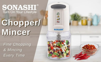 Sonashi 300W Electric Food Chopper SMC-22 – 2-Speed Pushdown Operation, Double Stainless Steel Blades, 500ml Capacity, Copper Motor | Vegetable, Meat & Salad Chopper | White/Grey - Damoo