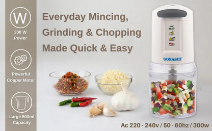 Sonashi 300W Electric Food Chopper SMC-22 – 2-Speed Pushdown Operation, Double Stainless Steel Blades, 500ml Capacity, Copper Motor | Vegetable, Meat & Salad Chopper | White/Grey - Damoo