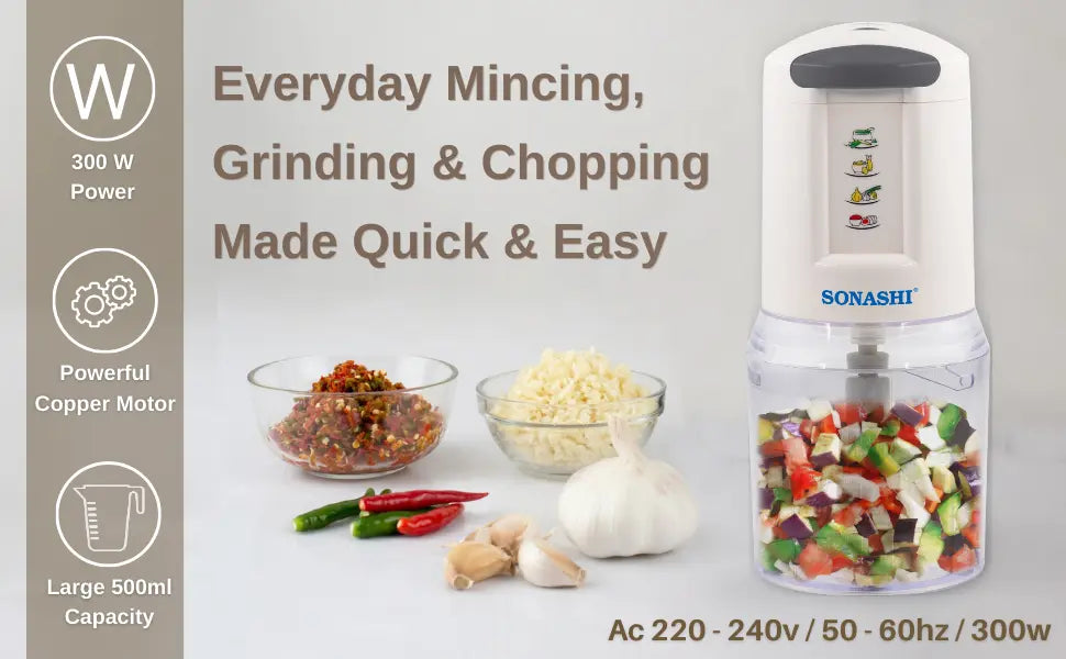 Sonashi 300W Electric Food Chopper SMC-22 – 2-Speed Pushdown Operation, Double Stainless Steel Blades, 500ml Capacity, Copper Motor | Vegetable, Meat & Salad Chopper | White/Grey - Damoo
