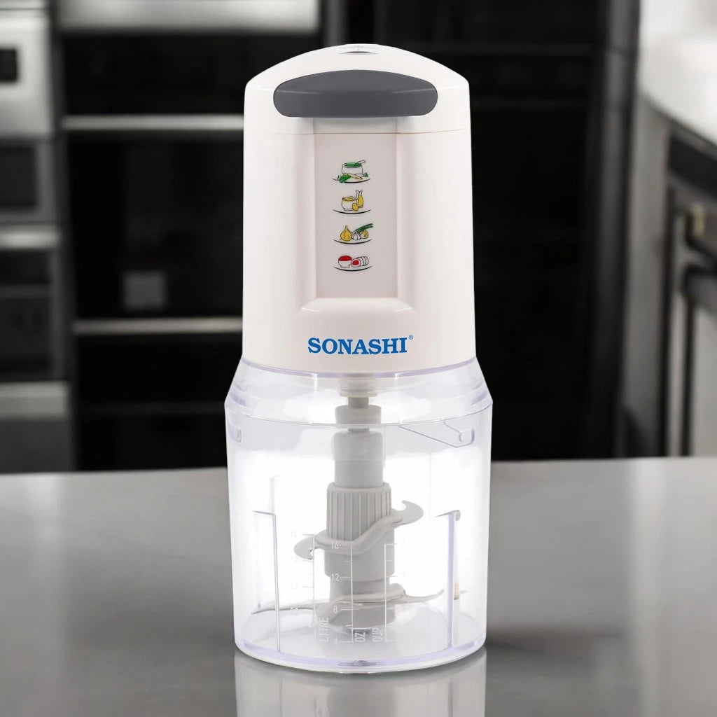 Sonashi 300W Electric Food Chopper SMC-22 – 2-Speed Pushdown Operation, Double Stainless Steel Blades, 500ml Capacity, Copper Motor | Vegetable, Meat & Salad Chopper | White/Grey - Damoo