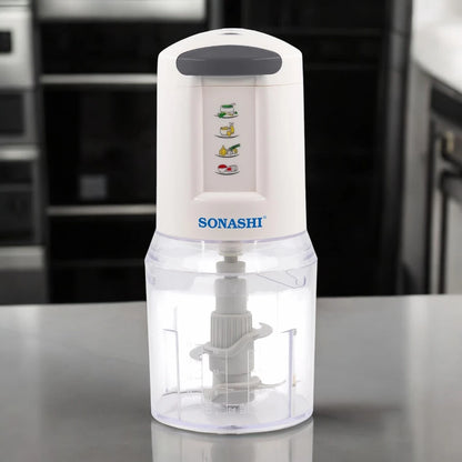 Sonashi 300W Electric Food Chopper SMC-22 – 2-Speed Pushdown Operation, Double Stainless Steel Blades, 500ml Capacity, Copper Motor | Vegetable, Meat & Salad Chopper | White/Grey - Damoo