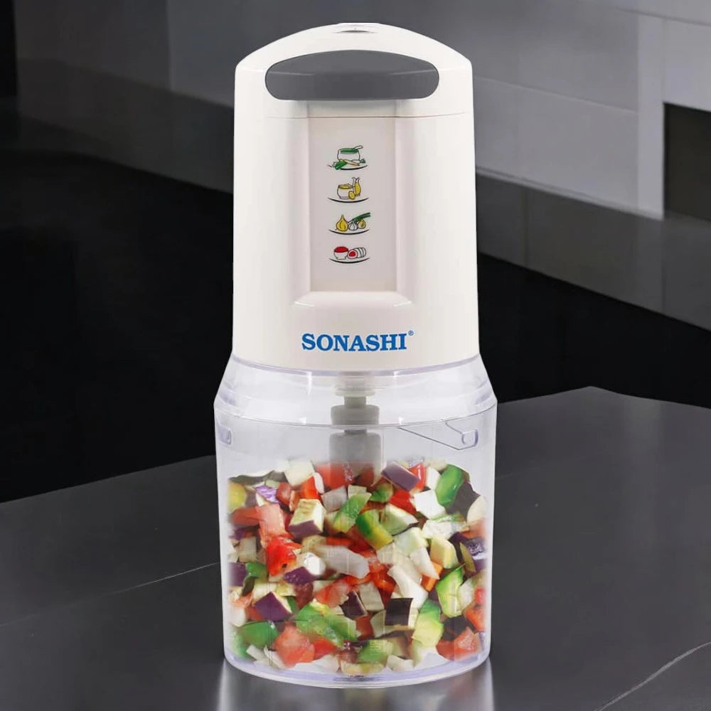 Sonashi 300W Electric Food Chopper SMC-22 – 2-Speed Pushdown Operation, Double Stainless Steel Blades, 500ml Capacity, Copper Motor | Vegetable, Meat & Salad Chopper | White/Grey - Damoo