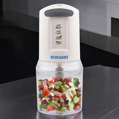 Sonashi 300W Electric Food Chopper SMC-22 – 2-Speed Pushdown Operation, Double Stainless Steel Blades, 500ml Capacity, Copper Motor | Vegetable, Meat & Salad Chopper | White/Grey - Damoo