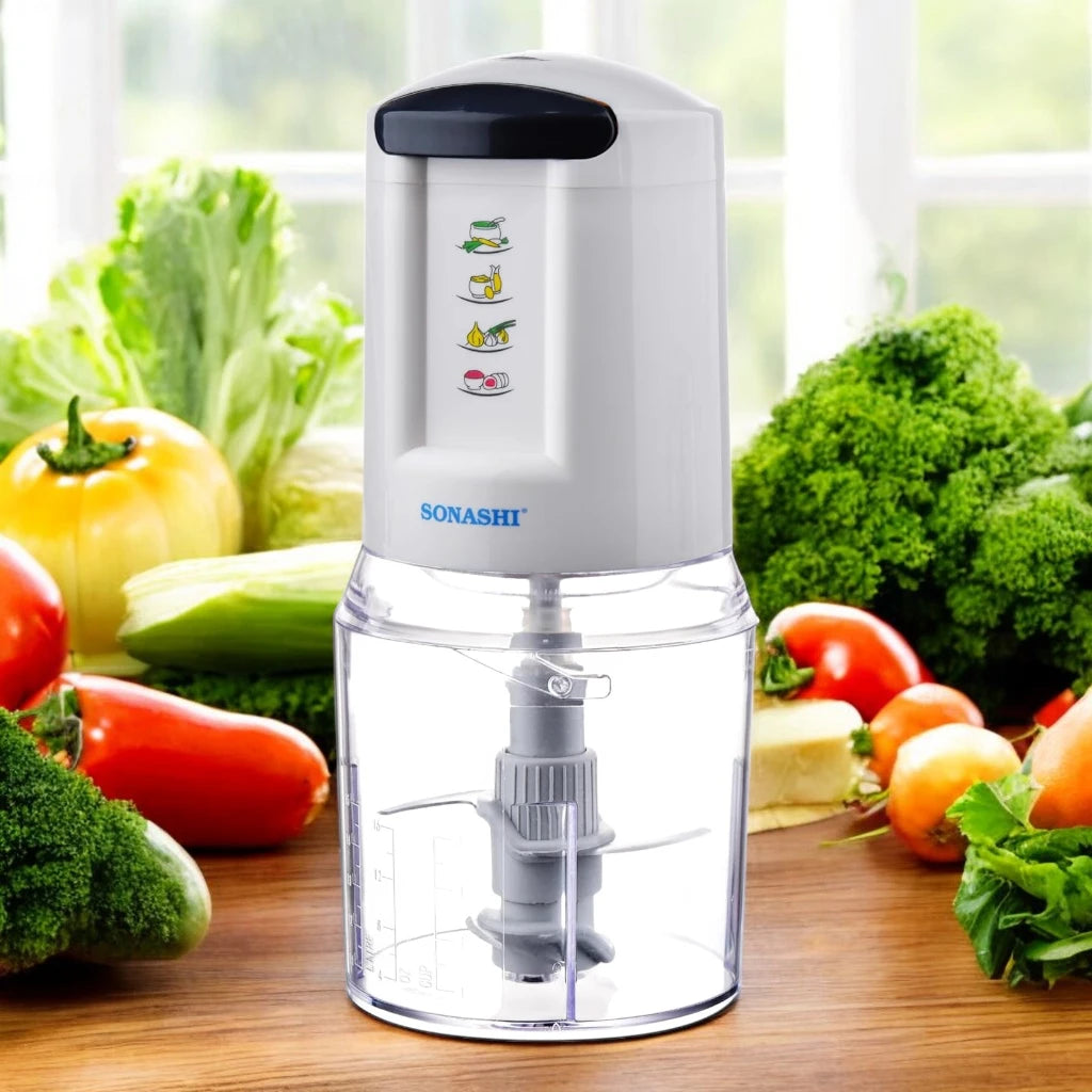 Sonashi 300W Electric Food Chopper SMC-22 – 2-Speed Pushdown Operation, Double Stainless Steel Blades, 500ml Capacity, Copper Motor | Vegetable, Meat & Salad Chopper | White/Grey - Damoo