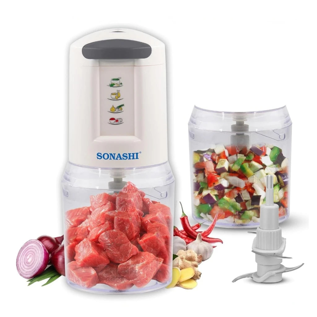 Sonashi 300W Electric Food Chopper SMC-22 – 2-Speed Pushdown Operation, Double Stainless Steel Blades, 500ml Capacity, Copper Motor | Vegetable, Meat & Salad Chopper | White/Grey - Damoo