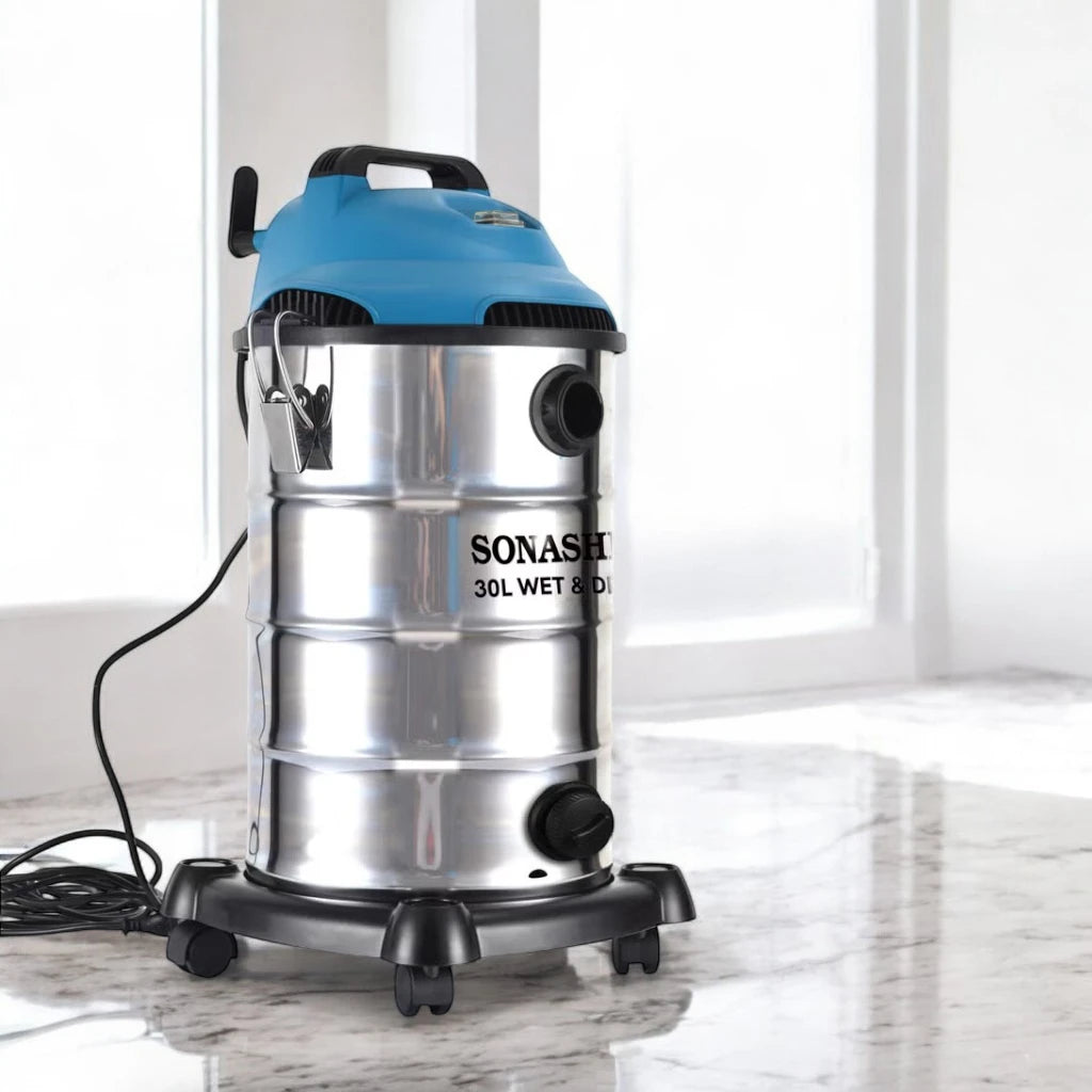 Sonashi 30L Wet & Dry Vacuum Cleaner – 1600W Motor, 20kPa Suction, Multi-Stage Filtration, Blow Function, Overheat Protection, Low Noise – SVC-9030D - Silver - Damoo