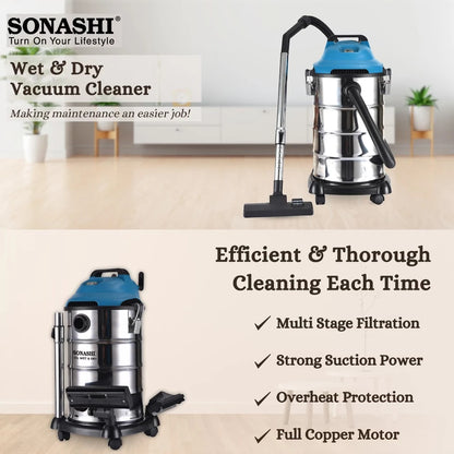 Sonashi 30L Wet & Dry Vacuum Cleaner – 1600W Motor, 20kPa Suction, Multi-Stage Filtration, Blow Function, Overheat Protection, Low Noise – SVC-9030D - Silver - Damoo