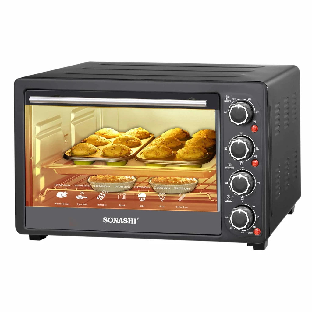 Sonashi 36L Electric Oven with Rotisserie & Convection | 1500W Countertop Oven with Timer, 4 Knobs, Adjustable Temperature 100–250°C | Bake Tray, Rack, Handle & Tong Included – STO-731 Black - Damoo