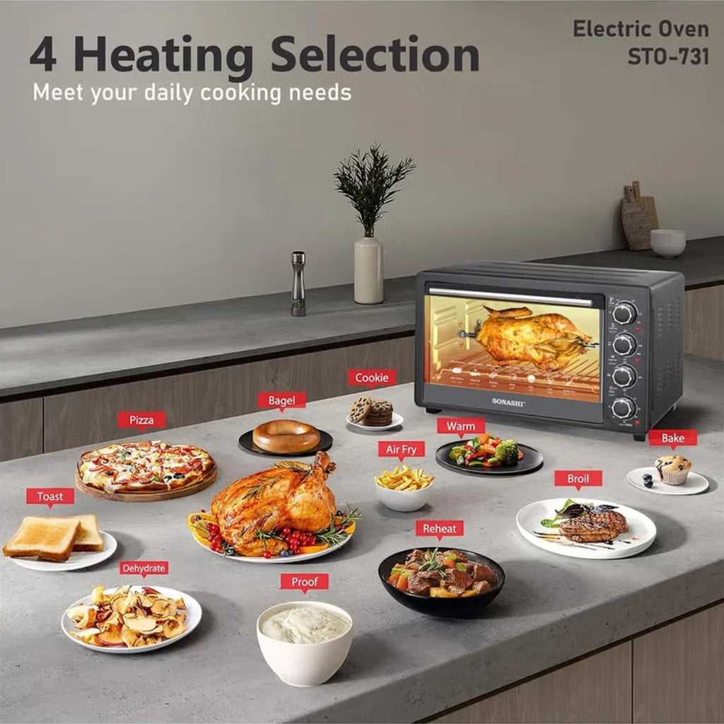 Sonashi 36L Electric Oven with Rotisserie & Convection | 1500W Countertop Oven with Timer, 4 Knobs, Adjustable Temperature 100–250°C | Bake Tray, Rack, Handle & Tong Included – STO-731 Black - Damoo