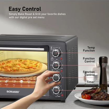 Sonashi 36L Electric Oven with Rotisserie & Convection | 1500W Countertop Oven with Timer, 4 Knobs, Adjustable Temperature 100–250°C | Bake Tray, Rack, Handle & Tong Included – STO-731 Black - Damoo