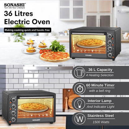 Sonashi 36L Electric Oven with Rotisserie & Convection | 1500W Countertop Oven with Timer, 4 Knobs, Adjustable Temperature 100–250°C | Bake Tray, Rack, Handle & Tong Included – STO-731 Black - Damoo