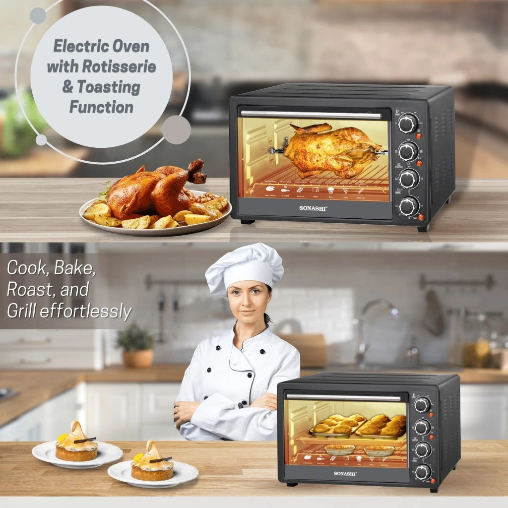 Sonashi 36L Electric Oven with Rotisserie & Convection | 1500W Countertop Oven with Timer, 4 Knobs, Adjustable Temperature 100–250°C | Bake Tray, Rack, Handle & Tong Included – STO-731 Black - Damoo
