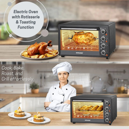 Sonashi 36L Electric Oven with Rotisserie & Convection | 1500W Countertop Oven with Timer, 4 Knobs, Adjustable Temperature 100–250°C | Bake Tray, Rack, Handle & Tong Included – STO-731 Black - Damoo