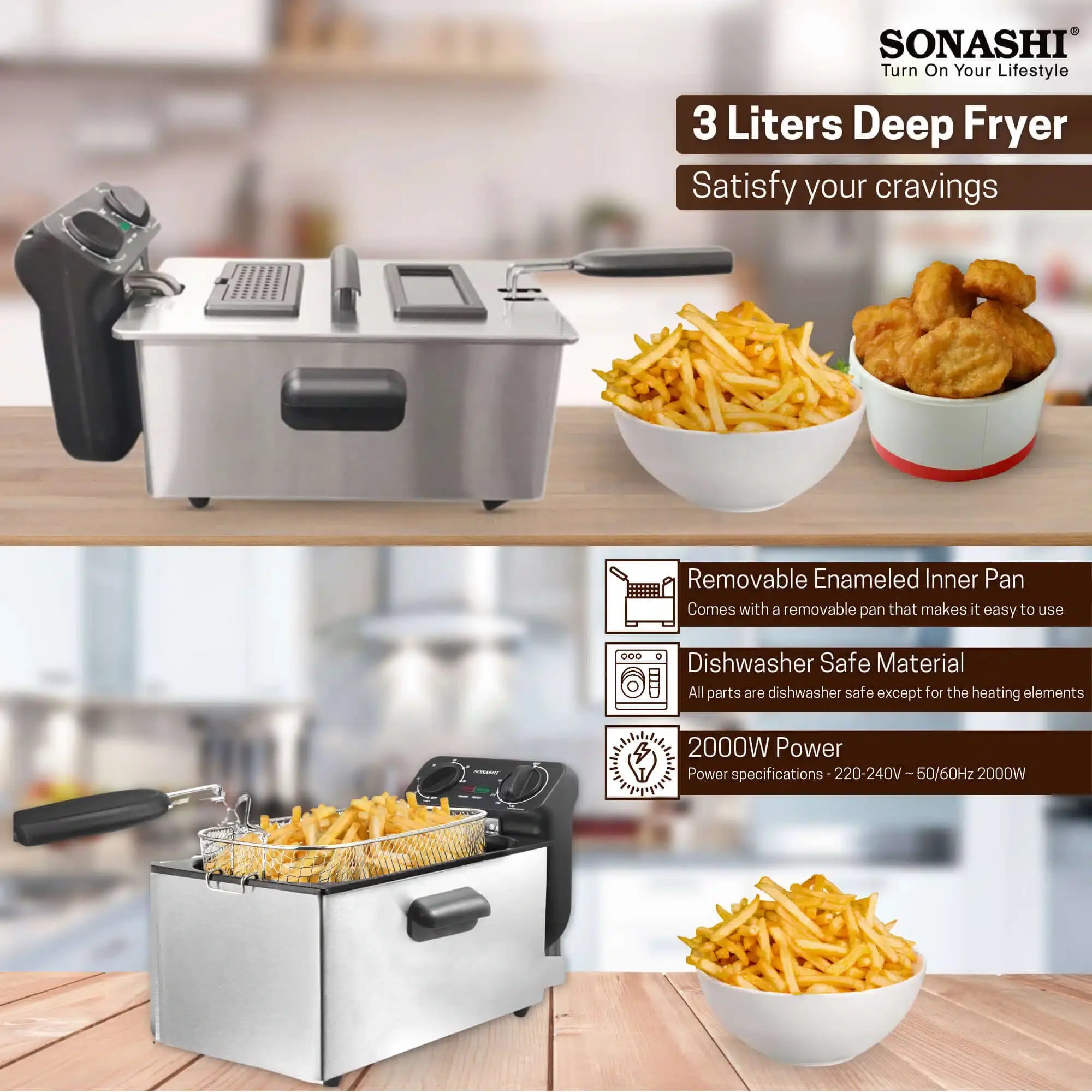 Sonashi 3L Electric Deep Fryer – 2000W | Stainless Steel Housing, Adjustable Thermostat, Dishwasher Safe Parts – SDF-5011 Silver/Black - Damoo
