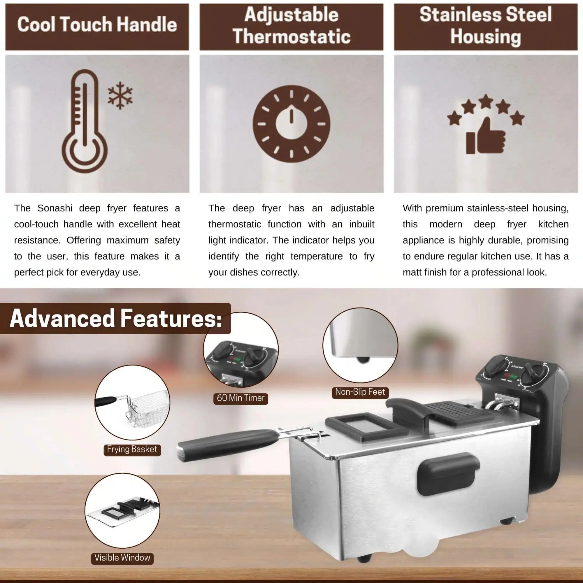 Sonashi 3L Electric Deep Fryer – 2000W | Stainless Steel Housing, Adjustable Thermostat, Dishwasher Safe Parts – SDF-5011 Silver/Black - Damoo