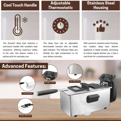Sonashi 3L Electric Deep Fryer – 2000W | Stainless Steel Housing, Adjustable Thermostat, Dishwasher Safe Parts – SDF-5011 Silver/Black - Damoo