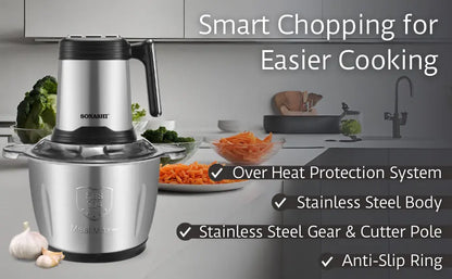 Sonashi 3L Electric Multi-Chopper SMC-24S – 500W Copper Motor, Stainless Steel Body & Jar, 4-Layer Blades, 3-Speed Operation | Mincer, Grinder, Egg Beater, Garlic Peeler | Black/Silver - Damoo