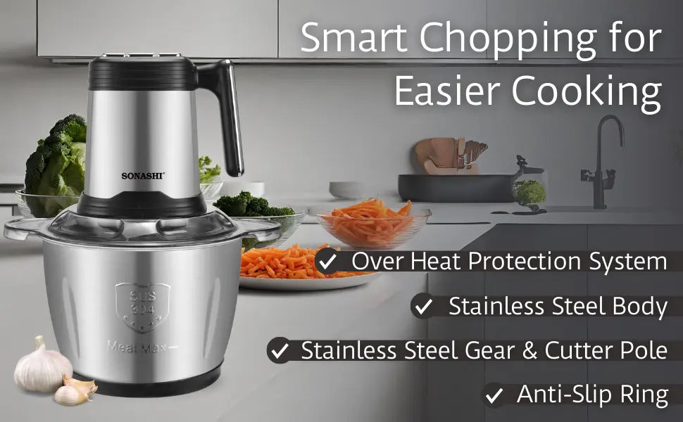 Sonashi 3L Electric Multi-Chopper SMC-24S – 500W Copper Motor, Stainless Steel Body & Jar, 4-Layer Blades, 3-Speed Operation | Mincer, Grinder, Egg Beater, Garlic Peeler | Black/Silver - Damoo