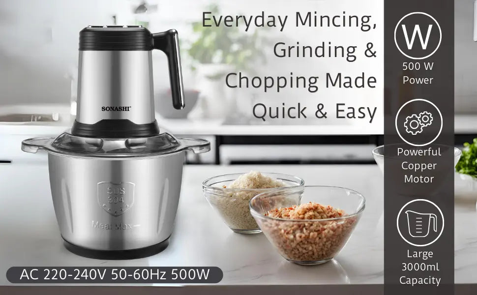 Sonashi 3L Electric Multi-Chopper SMC-24S – 500W Copper Motor, Stainless Steel Body & Jar, 4-Layer Blades, 3-Speed Operation | Mincer, Grinder, Egg Beater, Garlic Peeler | Black/Silver - Damoo