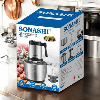 Sonashi 3L Electric Multi-Chopper SMC-24S – 500W Copper Motor, Stainless Steel Body & Jar, 4-Layer Blades, 3-Speed Operation | Mincer, Grinder, Egg Beater, Garlic Peeler | Black/Silver - Damoo