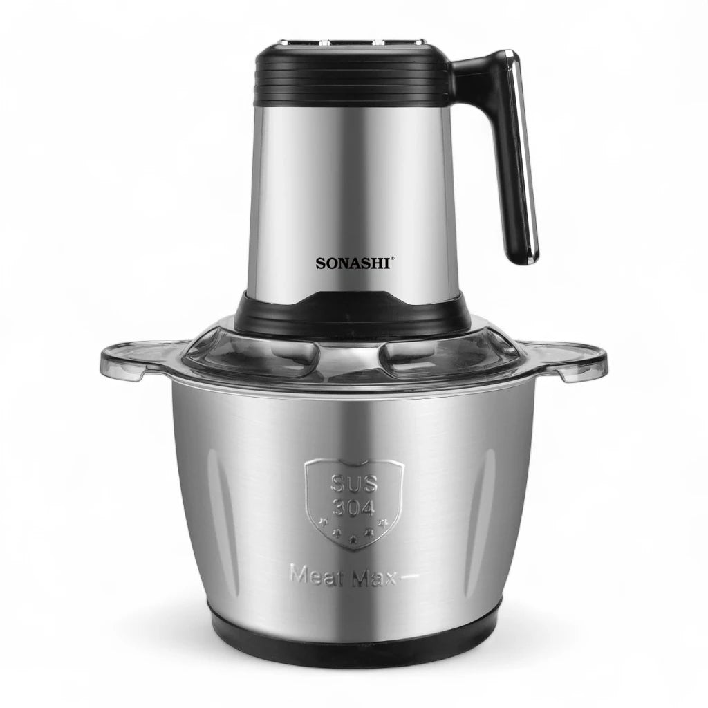 Sonashi 3L Electric Multi-Chopper SMC-24S – 500W Copper Motor, Stainless Steel Body & Jar, 4-Layer Blades, 3-Speed Operation | Mincer, Grinder, Egg Beater, Garlic Peeler | Black/Silver - Damoo