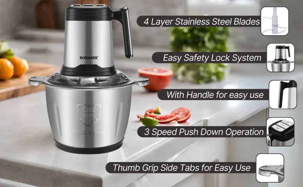 Sonashi 3L Electric Multi-Chopper SMC-24S – 500W Copper Motor, Stainless Steel Body & Jar, 4-Layer Blades, 3-Speed Operation | Mincer, Grinder, Egg Beater, Garlic Peeler | Black/Silver - Damoo