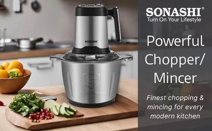 Sonashi 3L Electric Multi-Chopper SMC-24S – 500W Copper Motor, Stainless Steel Body & Jar, 4-Layer Blades, 3-Speed Operation | Mincer, Grinder, Egg Beater, Garlic Peeler | Black/Silver - Damoo