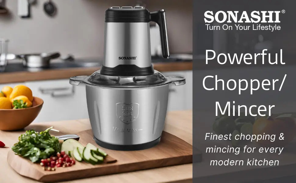 Sonashi 3L Electric Multi-Chopper SMC-24S – 500W Copper Motor, Stainless Steel Body & Jar, 4-Layer Blades, 3-Speed Operation | Mincer, Grinder, Egg Beater, Garlic Peeler | Black/Silver - Damoo