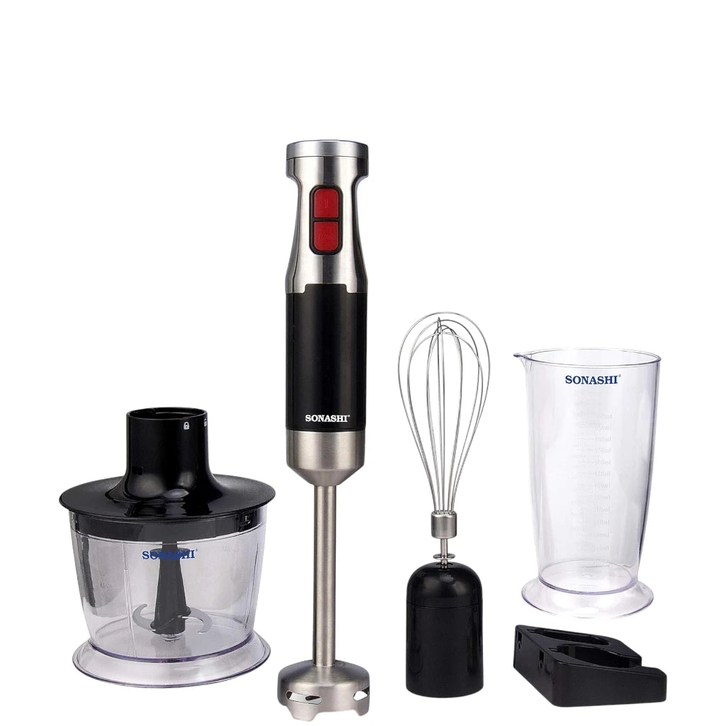 Sonashi 4-in-1 Hand Blender Set – 600W Powerful Motor | With 700ml Mixing Jar, 500ml Chopper, Whisk & Stainless Steel Shaft | Easy Speed Control – Black/Silver | SHB-179JBCW - Damoo